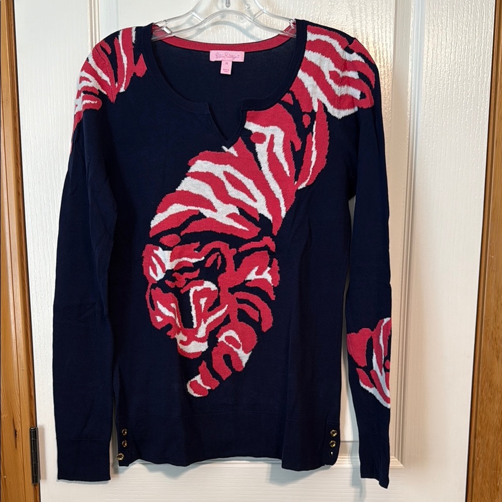 Lilly Pulitzer Navy Sweater with Vibrant Tiger Design